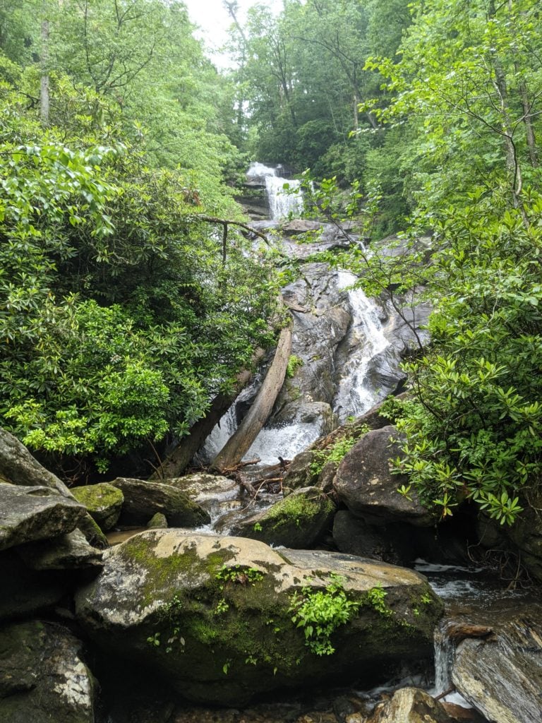 Holcomb Creek Falls is a series of falls cascading down a rock face between trees that hug tight to the sides of the creek.