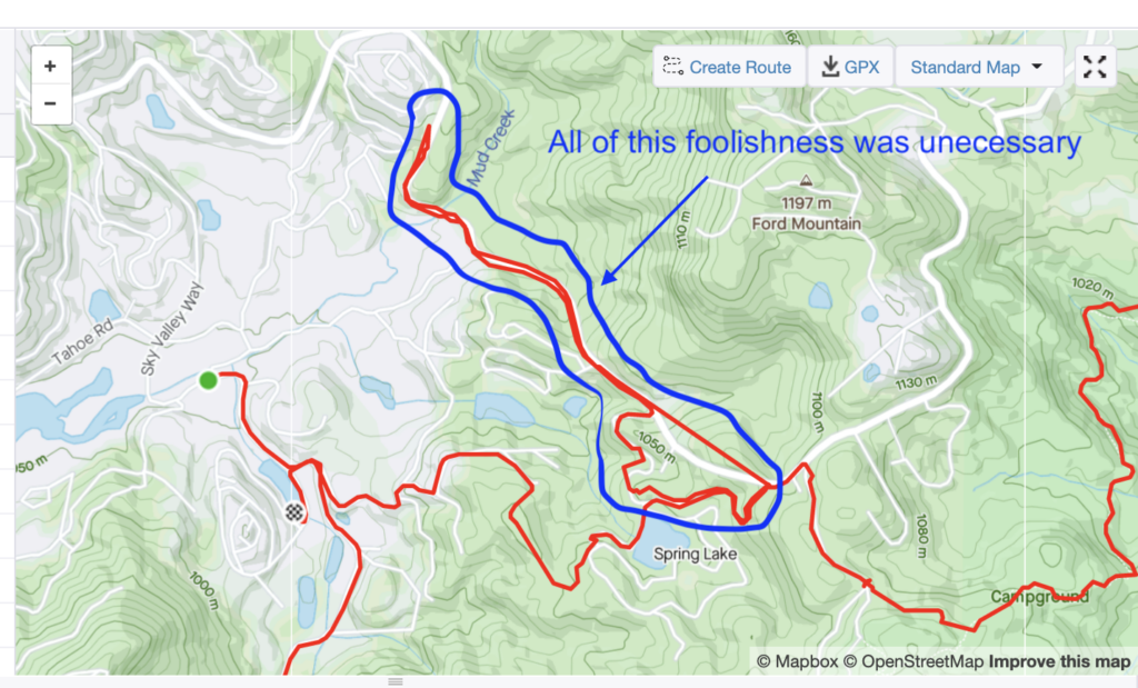 A map showing the section of my route on race day which was due to a missed turn.