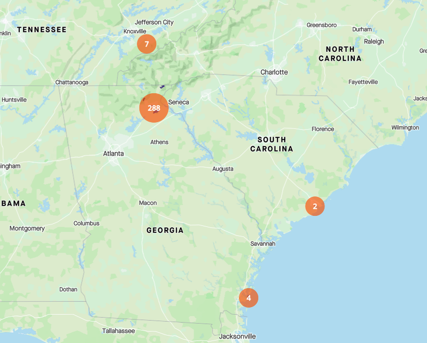 A map showing that I logged running events in three states: Georgia, Tennessee, and South Carolina.