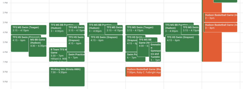 We have swim practice every day, several basketball games and basketball practice, and our week ends with a day-long away swim meet on Saturday.