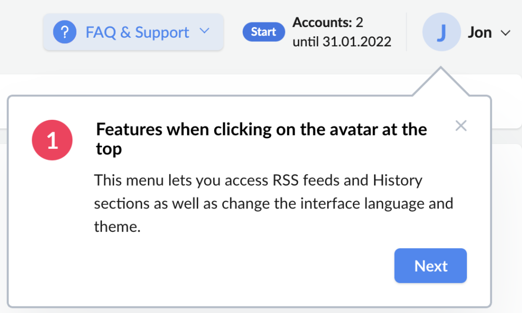 The first modal window let me know that when I click on my avatar in the upper right corner I can access an RSS feed, account history, and manage interface language and theme.