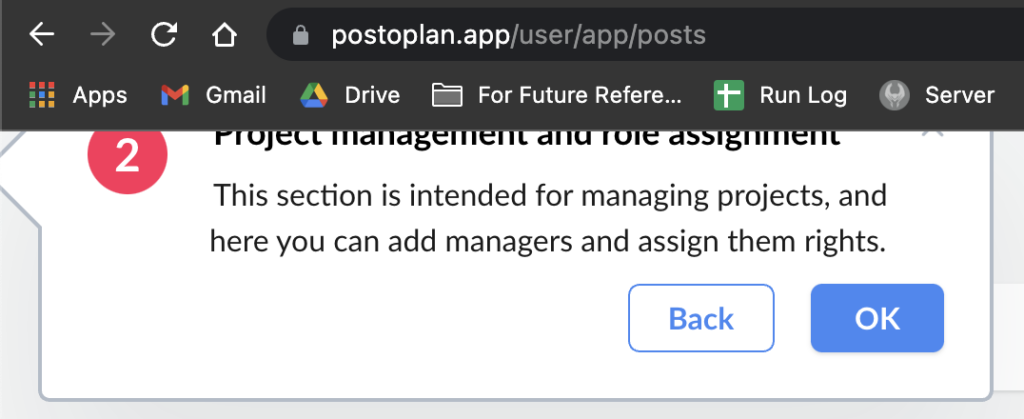 The second modal pointed out there area where projects can be managed and additional users can be added to projects. In addition, the second modal window was partially obscured by the browser window.