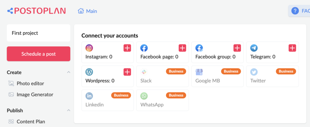 A screenshot of the POSTOPLAN interface which shows that connecting to LinkedIn and Twitter are features of the Business plan.